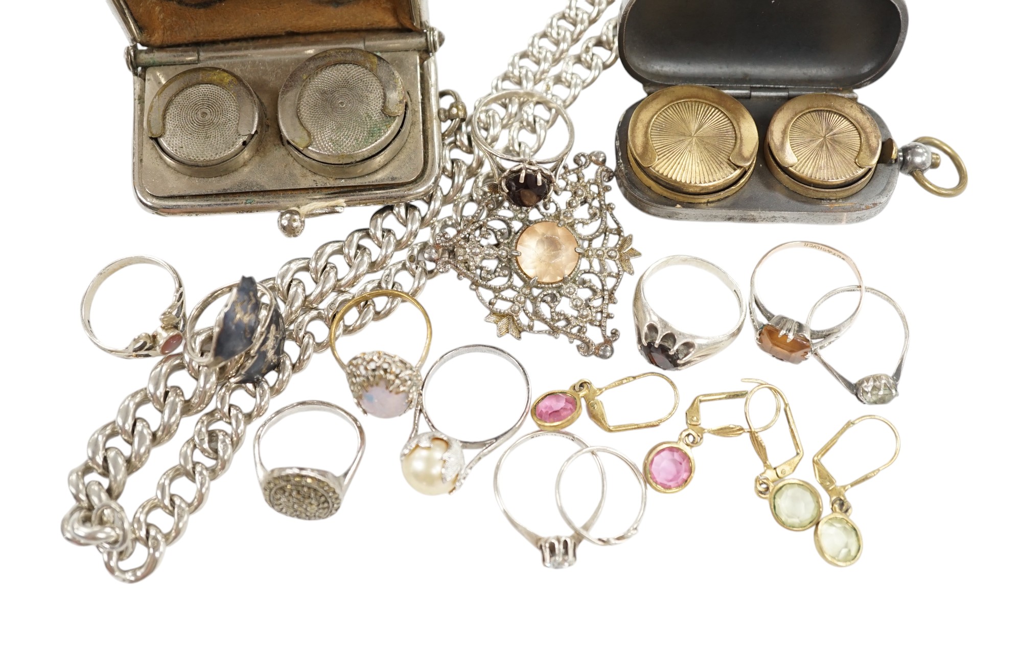 A silver graduated curb link albert, 41cm, two base metal sovereign cases and a small collection of assorted jewellery including silver and white metal rings. Condition - poor to fair to good